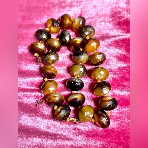 Necklace Hand knotted Faux Acrylic Tigers Eye Facets Choker Chunky Beads 4099 - Picture 2 of 16